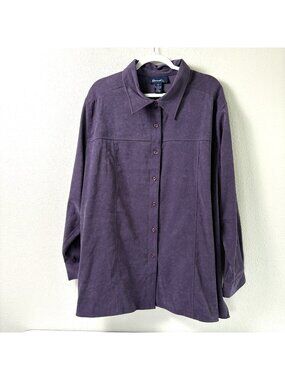 Denim & Co Button Front Shirt Womens 3X Purple Long Sleeve Side Slits Faux Suede